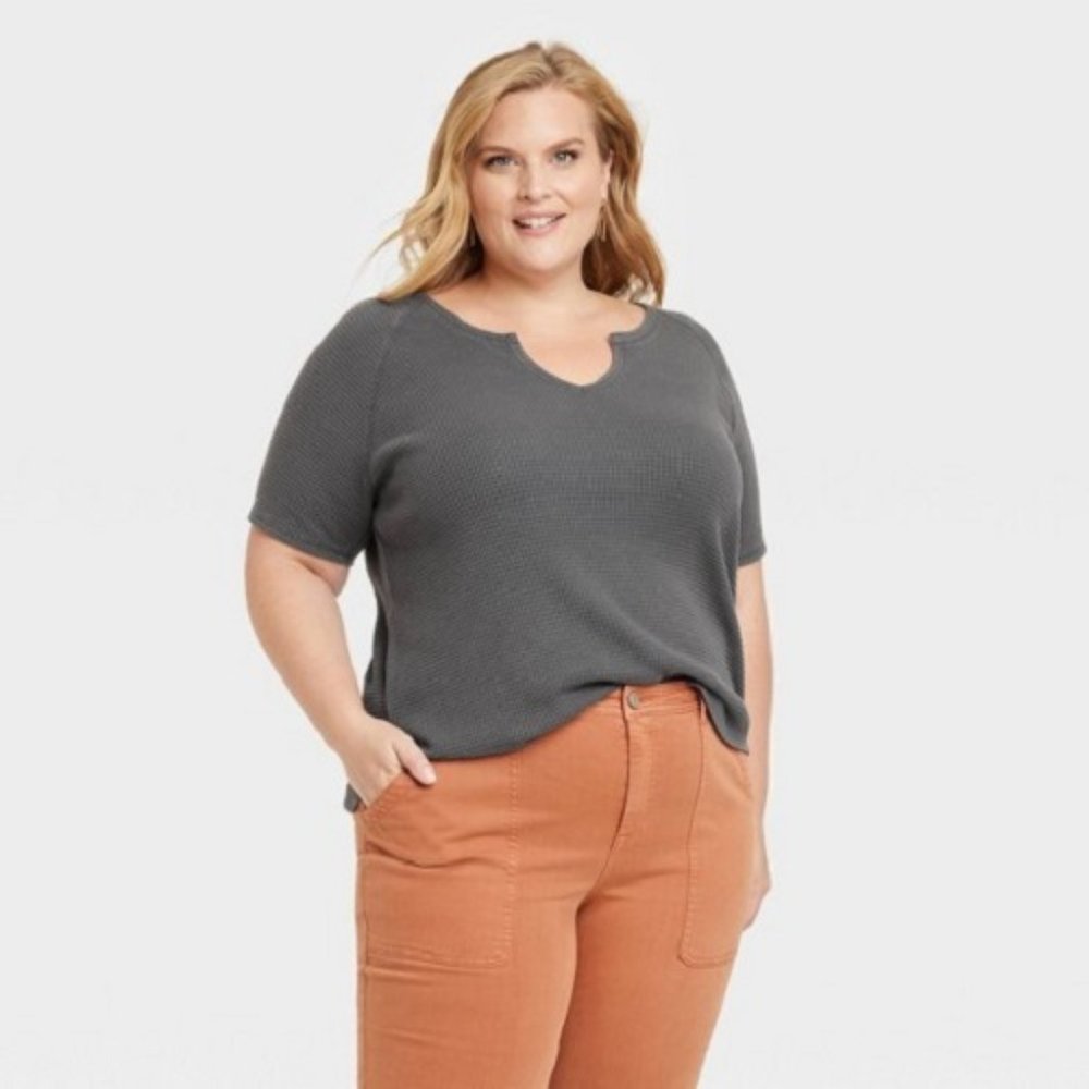 Knox Rose™ Women's Short Sleeve Splitneck Thermal Top Dark Grey Size 3X